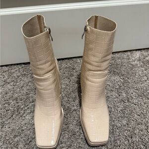 Princess Polly Cream Croc-Embossed Ankle Boots